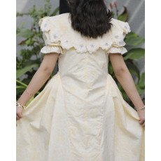 فستان بناتي أصفر مشجر | ياقة وأزرار مرصعة بالفصوص - 1136 فستان بناتي أصفر مشجر | ياقة وأزرار مرصعة بالفصوص - 1136