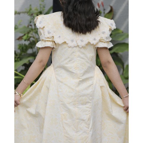 فستان بناتي أصفر مشجر | ياقة وأزرار مرصعة بالفصوص - 1136 فستان بناتي أصفر مشجر | ياقة وأزرار مرصعة بالفصوص - 1136