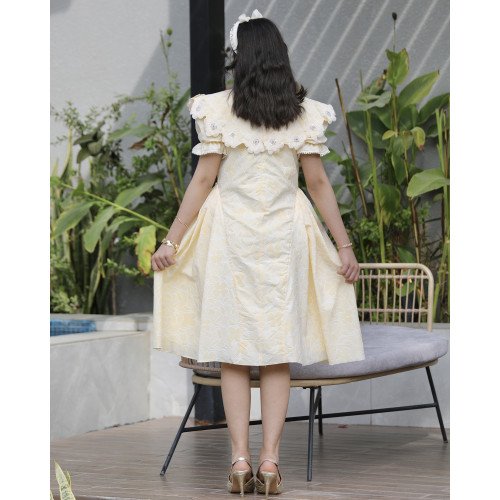 فستان بناتي أصفر مشجر | ياقة وأزرار مرصعة بالفصوص - 1136 فستان بناتي أصفر مشجر | ياقة وأزرار مرصعة بالفصوص - 1136