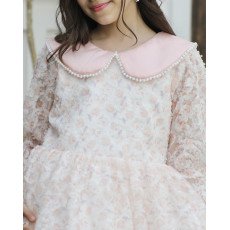 فستان بناتي مشجر وردي بياقة لؤلؤ وحزام خلفي - 557 فستان بناتي مشجر وردي بياقة لؤلؤ وحزام خلفي - 557