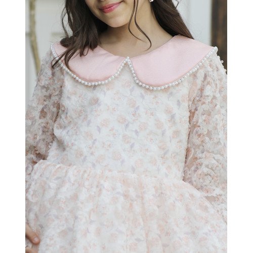 فستان بناتي مشجر وردي بياقة لؤلؤ وحزام خلفي - 557 فستان بناتي مشجر وردي بياقة لؤلؤ وحزام خلفي - 557