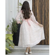 فستان بناتي مشجر وردي بياقة لؤلؤ وحزام خلفي - 557 فستان بناتي مشجر وردي بياقة لؤلؤ وحزام خلفي - 557