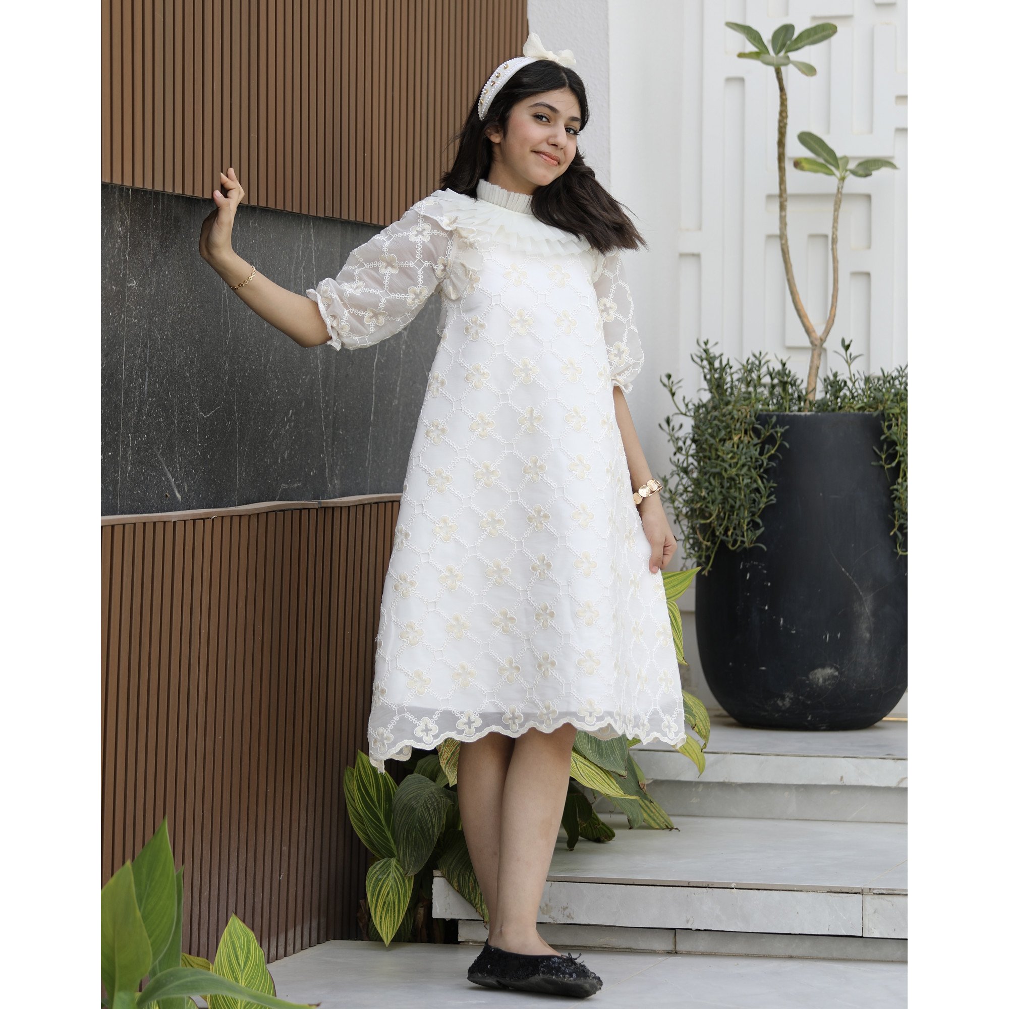 فستان بناتي كلوش مورد ذهبي | تصميم كشكش طبقات فاخر - 1154