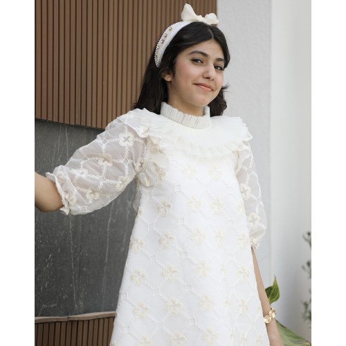 فستان بناتي كلوش مورد ذهبي | تصميم كشكش طبقات فاخر - 1154