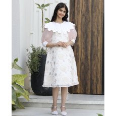 فستان بناتي مطرز بأكمام شفافة | ياقة بيضاء ملكية - 1142 فستان بناتي مطرز بأكمام شفافة | ياقة بيضاء ملكية - 1142