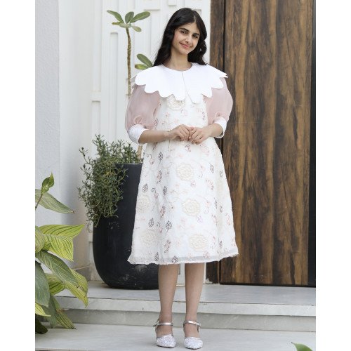 فستان بناتي مطرز بأكمام شفافة | ياقة بيضاء ملكية - 1142 فستان بناتي مطرز بأكمام شفافة | ياقة بيضاء ملكية - 1142