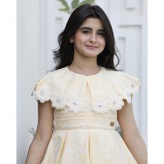 فستان بناتي أصفر مشجر | خصر بطبقات ورقبة مرصعة بالفصوص - 1133