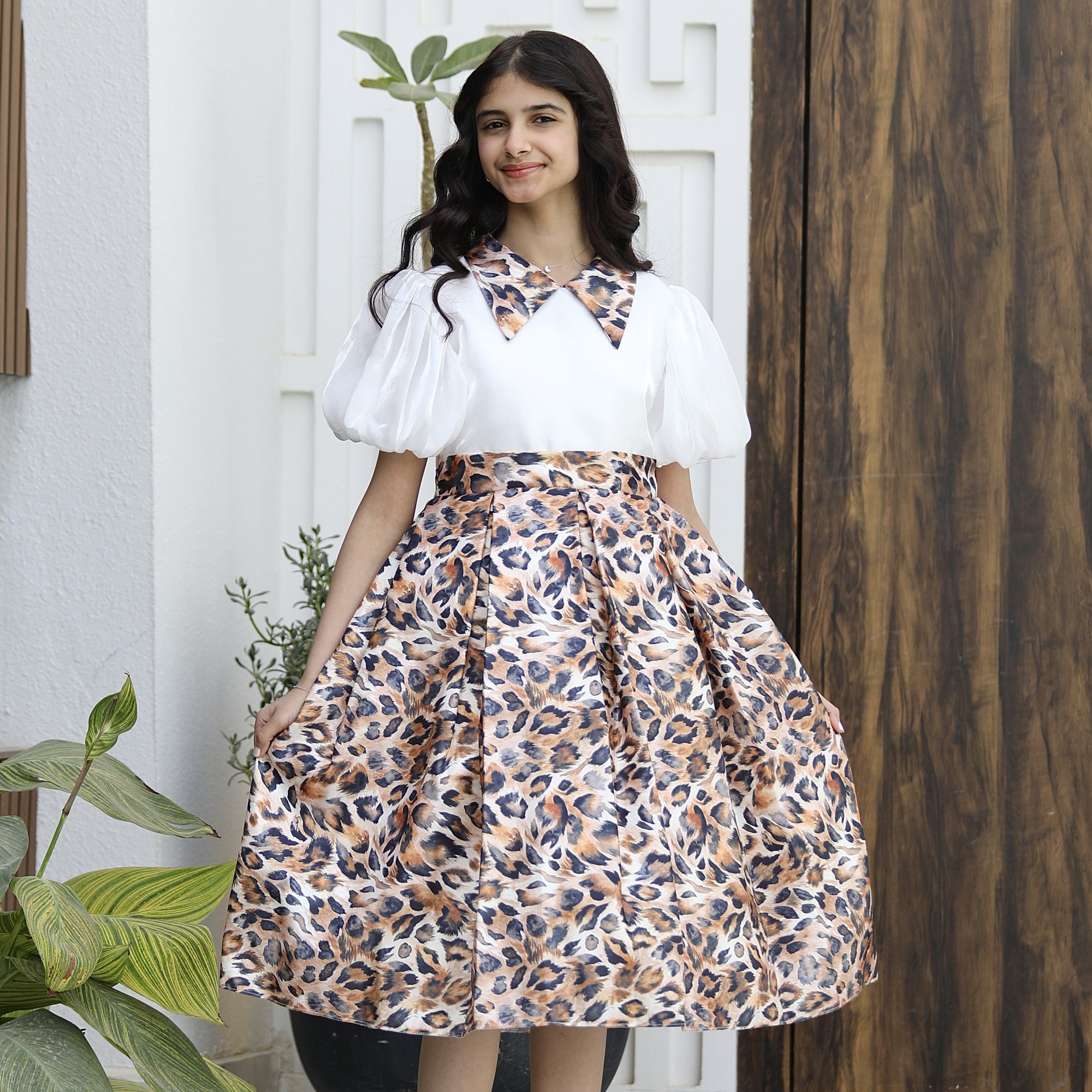 فستان بناتي نمري بأكمام منفوشة وتصميم عصري - M3722