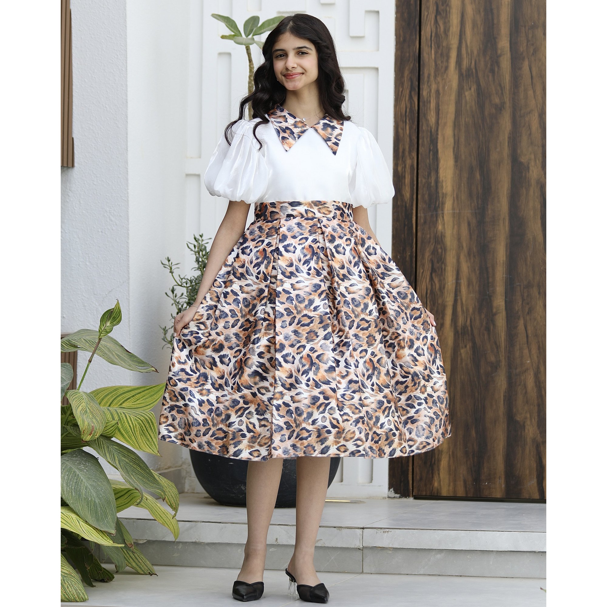 فستان بناتي نمري بأكمام منفوشة وتصميم عصري - M3722