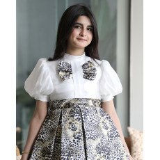 فستان بناتي نمري بفيونكة صدر وأكمام منفوشة - M3719