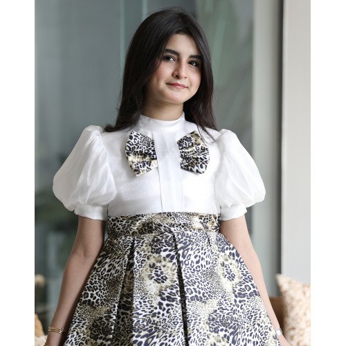 فستان بناتي نمري بفيونكة صدر وأكمام منفوشة - M3719