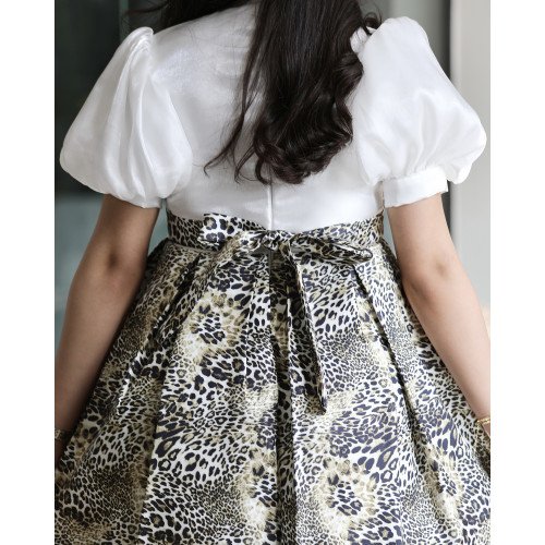 فستان بناتي نمري بفيونكة صدر وأكمام منفوشة - M3719