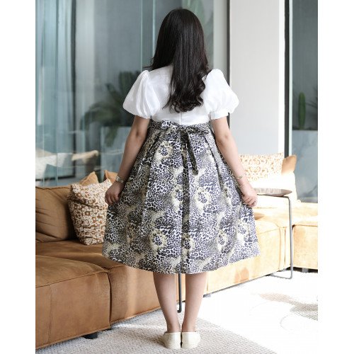 فستان بناتي نمري بفيونكة صدر وأكمام منفوشة - M3719