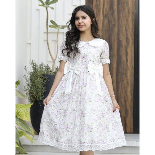 فستان بناتي ورود زهرية بفيونكات خصر وأزرار مرصعة - M3735 فستان بناتي ورود زهرية بفيونكات خصر وأزرار مرصعة - M3735