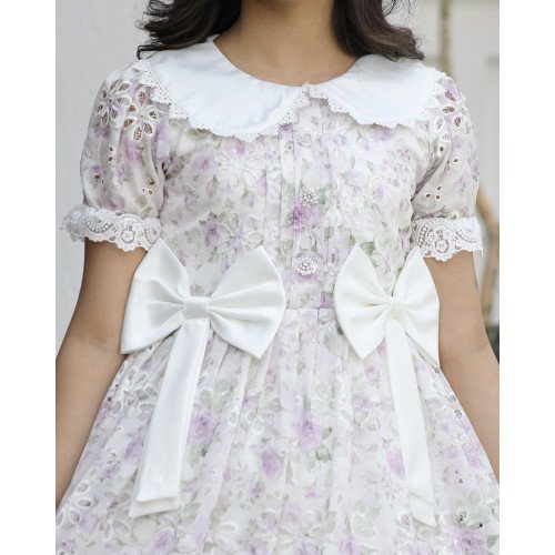 فستان بناتي ورود زهرية بفيونكات خصر وأزرار مرصعة - M3735 فستان بناتي ورود زهرية بفيونكات خصر وأزرار مرصعة - M3735