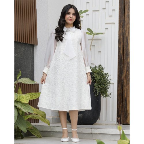 فستان بناتي فاخر بفيونكة رقبة ذيلية وأكمام شفافة - M3805