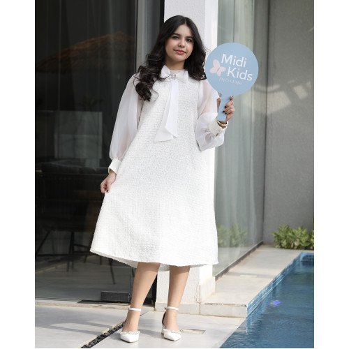 فستان بناتي فاخر بفيونكة رقبة ذيلية وأكمام شفافة - M3805