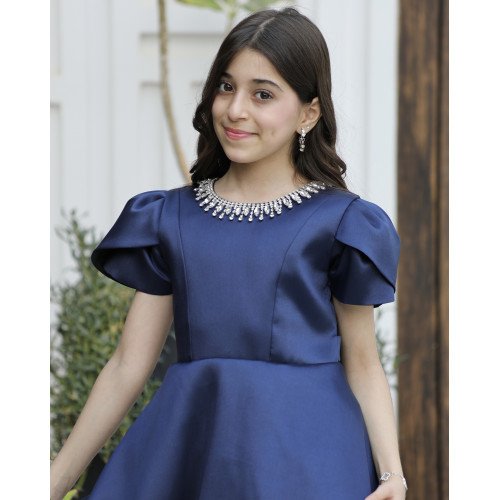 فستان بناتي سهرة ميكادو كحلي باكسسوار رقبة وأكمام مبتكرة - m3797 فستان بناتي سهرة ميكادو كحلي باكسسوار رقبة وأكمام مبتكرة - m3797