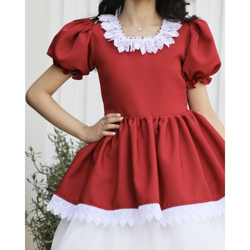 فستان بناتي احمر بكلفة رقبة وطبقات تل | ألوان (عودي، أحمر، ليموني) - 1173 فستان بناتي احمر بكلفة رقبة وطبقات تل | ألوان (عودي، أحمر، ليموني) - 1173