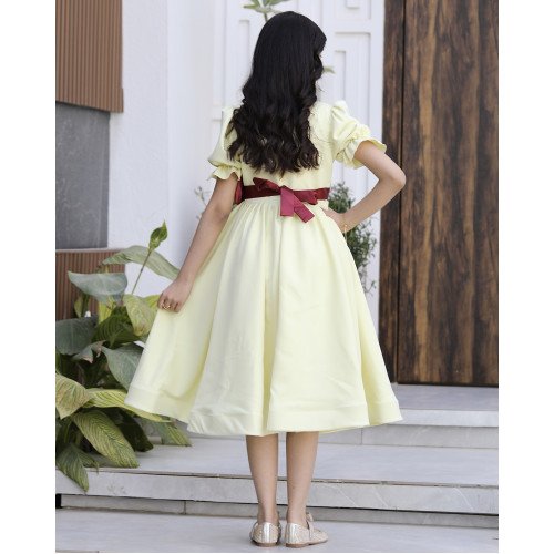 فستان بناتي ليموني بوردة عودية وأكمام كشكشة | ألوان (ليموني، عودي، أحمر) - 916
