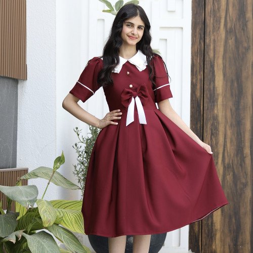 فستان بناتي عودي بفيونكة ذيل وأكمام مميزة | ألوان (عودي, احمر, ليموني) - 1165