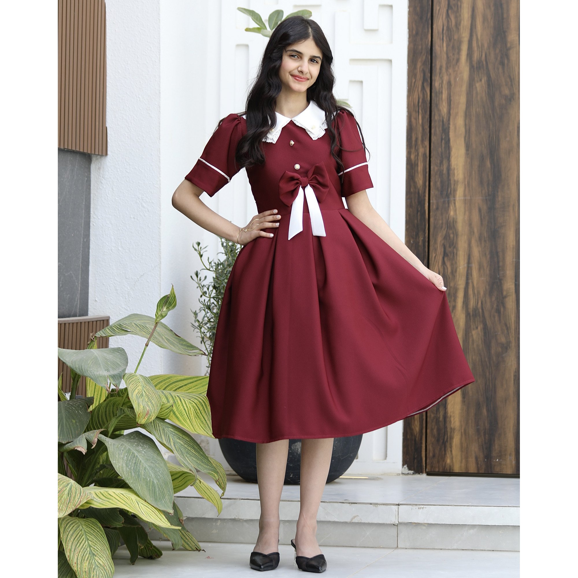 فستان بناتي عودي بفيونكة ذيل وأكمام مميزة | ألوان (عودي, احمر, ليموني) - 1165