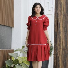 فستان بناتي أحمر مرصع باللؤلؤ وكشكشة سفلية | ألوان (أحمر، عودي، ليموني) - 1174