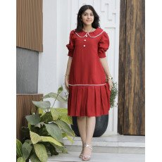 فستان بناتي أحمر مرصع باللؤلؤ وكشكشة سفلية | ألوان (أحمر، عودي، ليموني) - 1174