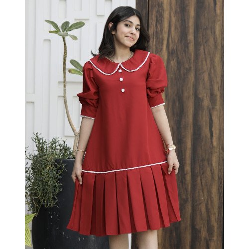 فستان بناتي أحمر مرصع باللؤلؤ وكشكشة سفلية | ألوان (أحمر، عودي، ليموني) - 1174