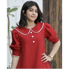 فستان بناتي أحمر مرصع باللؤلؤ وكشكشة سفلية | ألوان (أحمر، عودي، ليموني) - 1174