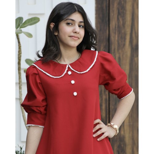 فستان بناتي أحمر مرصع باللؤلؤ وكشكشة سفلية | ألوان (أحمر، عودي، ليموني) - 1174