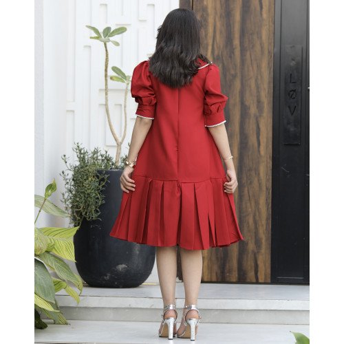 فستان بناتي أحمر مرصع باللؤلؤ وكشكشة سفلية | ألوان (أحمر، عودي، ليموني) - 1174