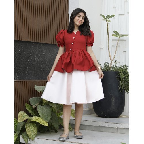 فستان بناتي أحمر بقصة بيبلوم وردي فاتح | تصميم أزرار زينة - 1163