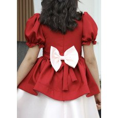 فستان بناتي أحمر بقصة بيبلوم وردي فاتح | تصميم أزرار زينة - 1163