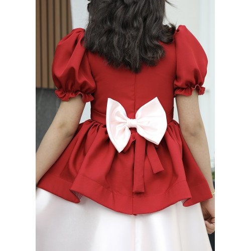 فستان بناتي أحمر بقصة بيبلوم وردي فاتح | تصميم أزرار زينة - 1163