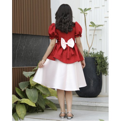 فستان بناتي أحمر بقصة بيبلوم وردي فاتح | تصميم أزرار زينة - 1163