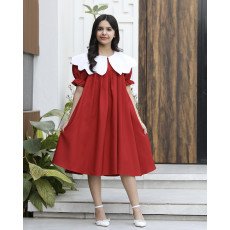 فستان بناتي كلوش واسع بياقة جاكار | ألوان (أحمر، عودي، ليموني) - 1160