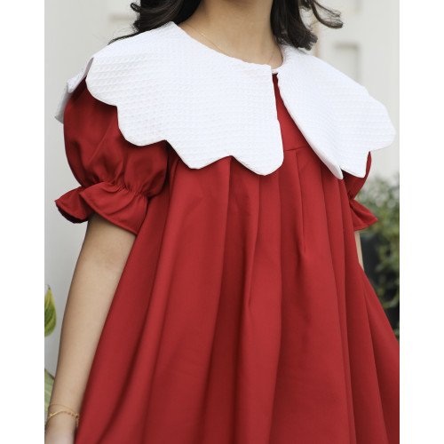 فستان بناتي كلوش واسع بياقة جاكار | ألوان (أحمر، عودي، ليموني) - 1160