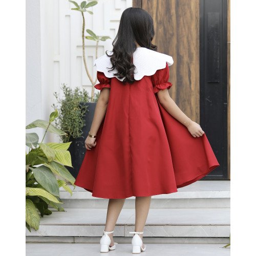 فستان بناتي كلوش واسع بياقة جاكار | ألوان (أحمر، عودي، ليموني) - 1160