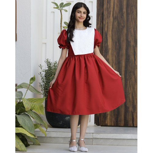 فستان بناتي مطرز بأكمام منفوشة | ألوان (أحمر، عودي، ليموني) - 1175