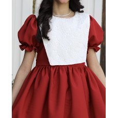 فستان بناتي مطرز بأكمام منفوشة | ألوان (أحمر، عودي، ليموني) - 1175