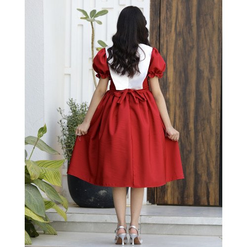 فستان بناتي مطرز بأكمام منفوشة | ألوان (أحمر، عودي، ليموني) - 1175