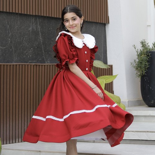 فستان بناتي أحمر بكشكشة جانبية وكلفة بيضاء | ألوان (أحمر، عودي، ليموني) - 1164