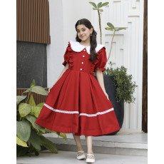 فستان بناتي أحمر بكشكشة جانبية وكلفة بيضاء | ألوان (أحمر، عودي، ليموني) - 1164