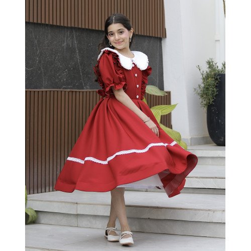 فستان بناتي أحمر بكشكشة جانبية وكلفة بيضاء | ألوان (أحمر، عودي، ليموني) - 1164