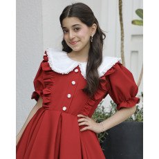 فستان بناتي أحمر بكشكشة جانبية وكلفة بيضاء | ألوان (أحمر، عودي، ليموني) - 1164