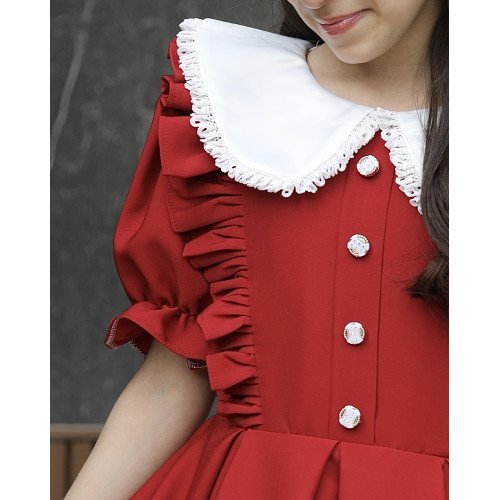 فستان بناتي أحمر بكشكشة جانبية وكلفة بيضاء | ألوان (أحمر، عودي، ليموني) - 1164