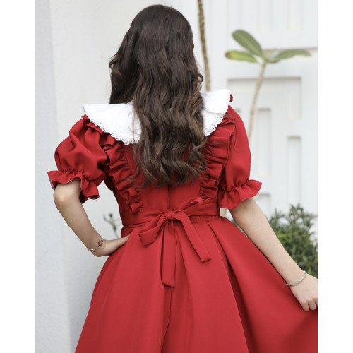 فستان بناتي أحمر بكشكشة جانبية وكلفة بيضاء | ألوان (أحمر، عودي، ليموني) - 1164
