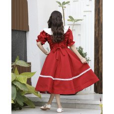 فستان بناتي أحمر بكشكشة جانبية وكلفة بيضاء | ألوان (أحمر، عودي، ليموني) - 1164