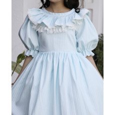 فستان بناتي مقلم بياقة كشكشة انسيابية | ألوان (سماوي، لحمي) - 1143